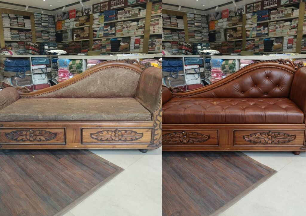 its before and after image of sofa of a customer done by us at Opulent Decor by Haryana handlooms, Patia in Bhubaneswar  ...Remake of old chairs sofas, etc or make a new one from the excellent fabrics that we have.