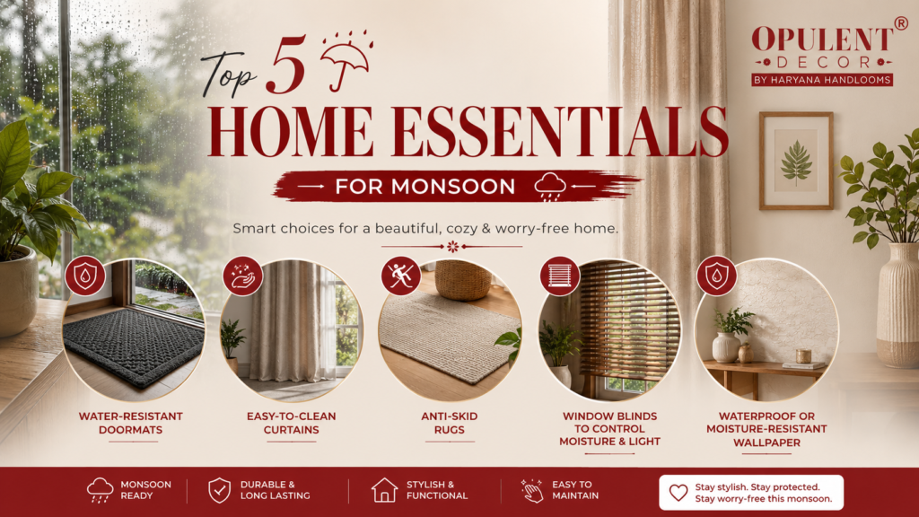 Top 5 home essentials for monsoon including water-resistant doormats, easy-to-clean curtains, anti-skid rugs, window blinds and waterproof wallpaper