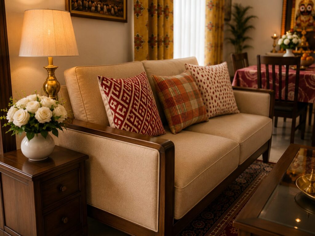 Festive sofa cushions with red geometric and plaid patterns for Ratha Yatra home decor