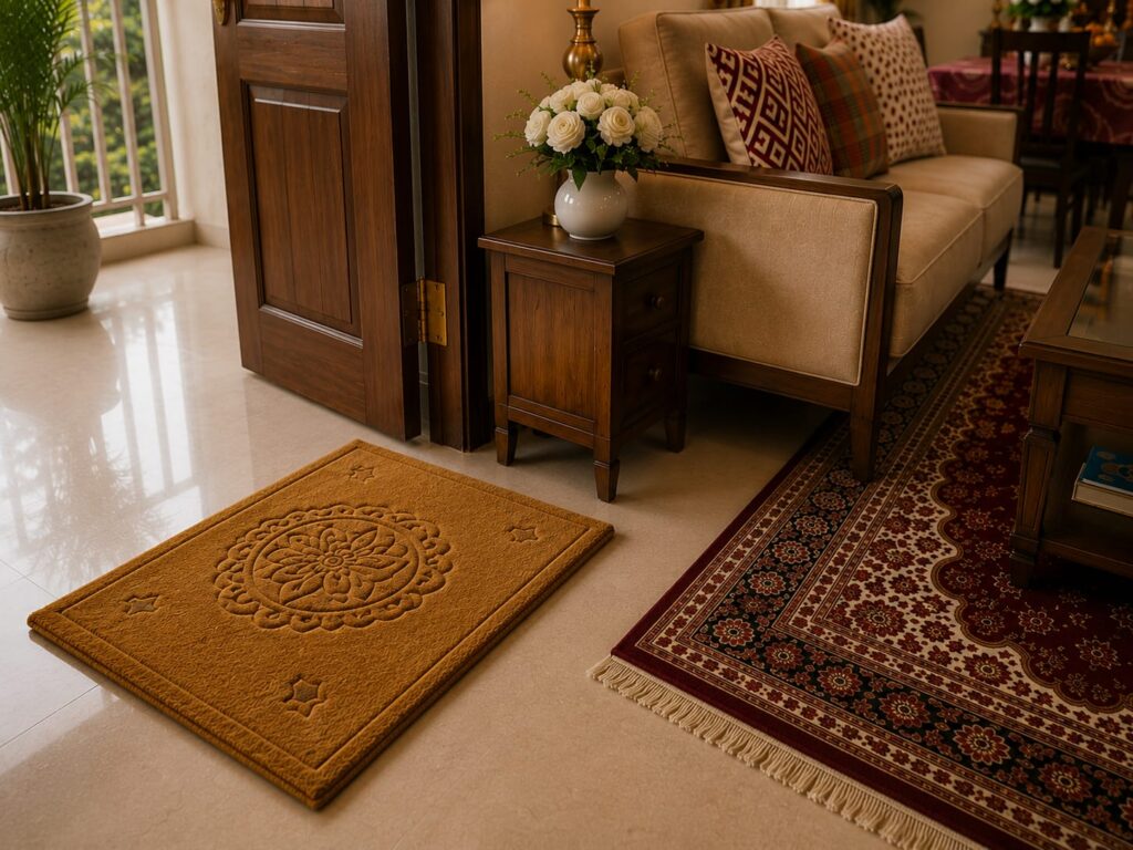 Mustard-gold embossed door mat with floral medallion design placed at home entrance for Ratha Yatra