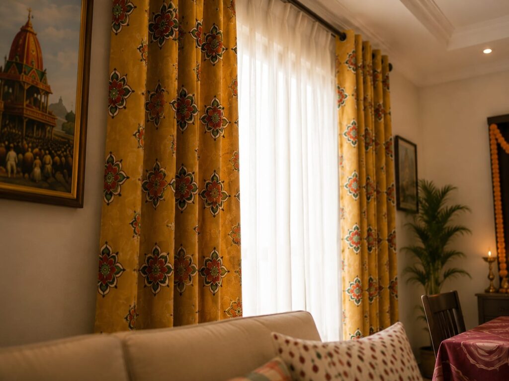 Mustard-gold curtains with floral medallion print paired with sheer white drapes for festive home decor