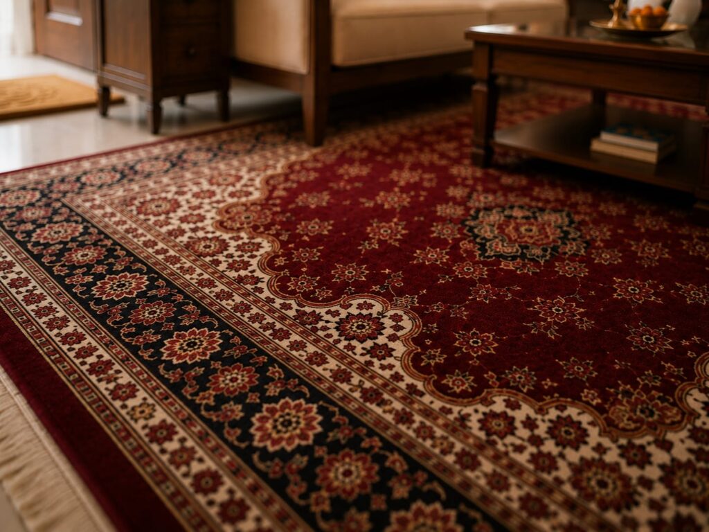 Maroon Persian-style rug with ivory floral border for Ratha Yatra living room decor