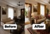 Before and after transformation of a living room decorated for Ratha Yatra with festive door mat, cushions, curtains, rug, and table cover