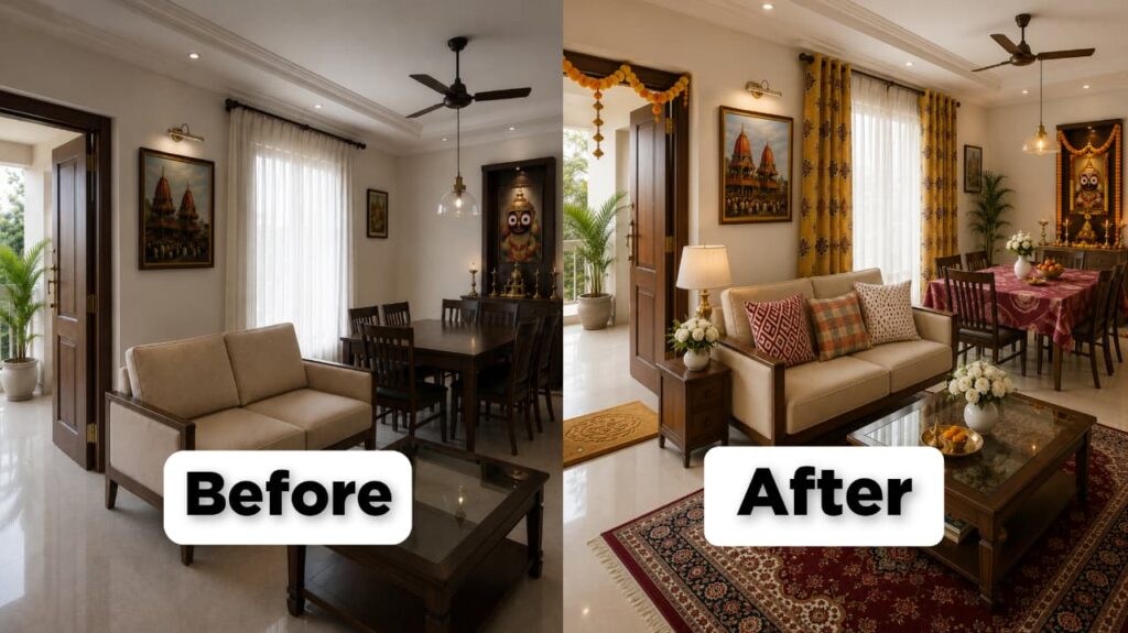 Before and after transformation of a living room decorated for Ratha Yatra with festive door mat, cushions, curtains, rug, and table cover