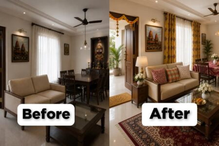 Before and after transformation of a living room decorated for Ratha Yatra with festive door mat, cushions, curtains, rug, and table cover