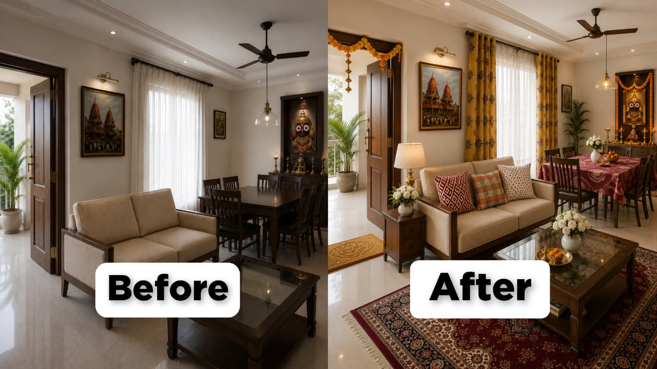 Before and after transformation of a living room decorated for Ratha Yatra with festive door mat, cushions, curtains, rug, and table cover